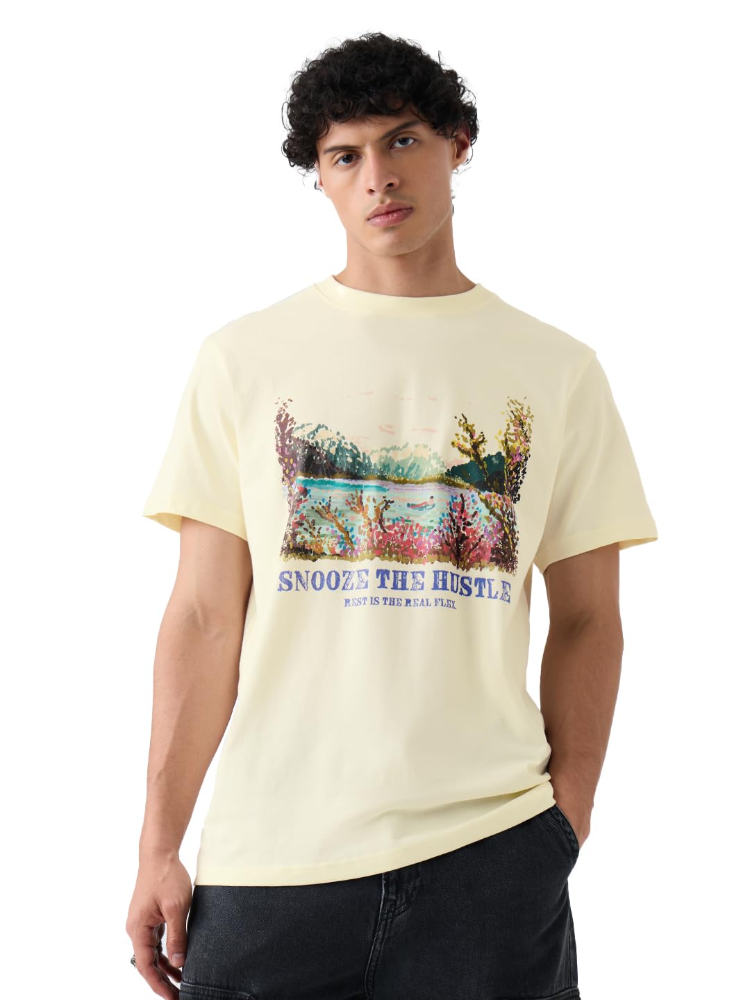 The Souled Store Relaxed T-Shirt: Lake Scene Men and Boys Short Sleeves Round Neck Off White Graphic Printed Cotton Relaxed Fit