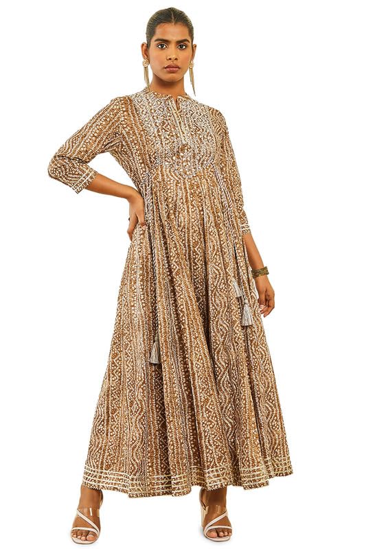 Soch Womens Brown Cotton Bandhani Print Dress Kurta with Mirror Work