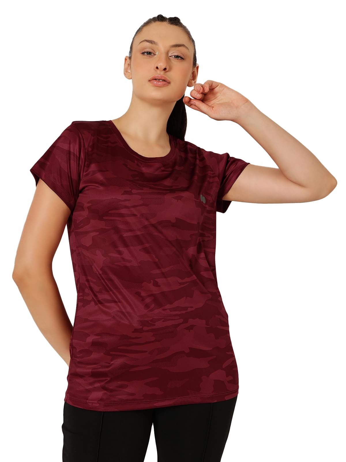 Clovia Womens Comfort Fit Camouflage Print Active T-Shirt(AT0124P09_Maroon_S)