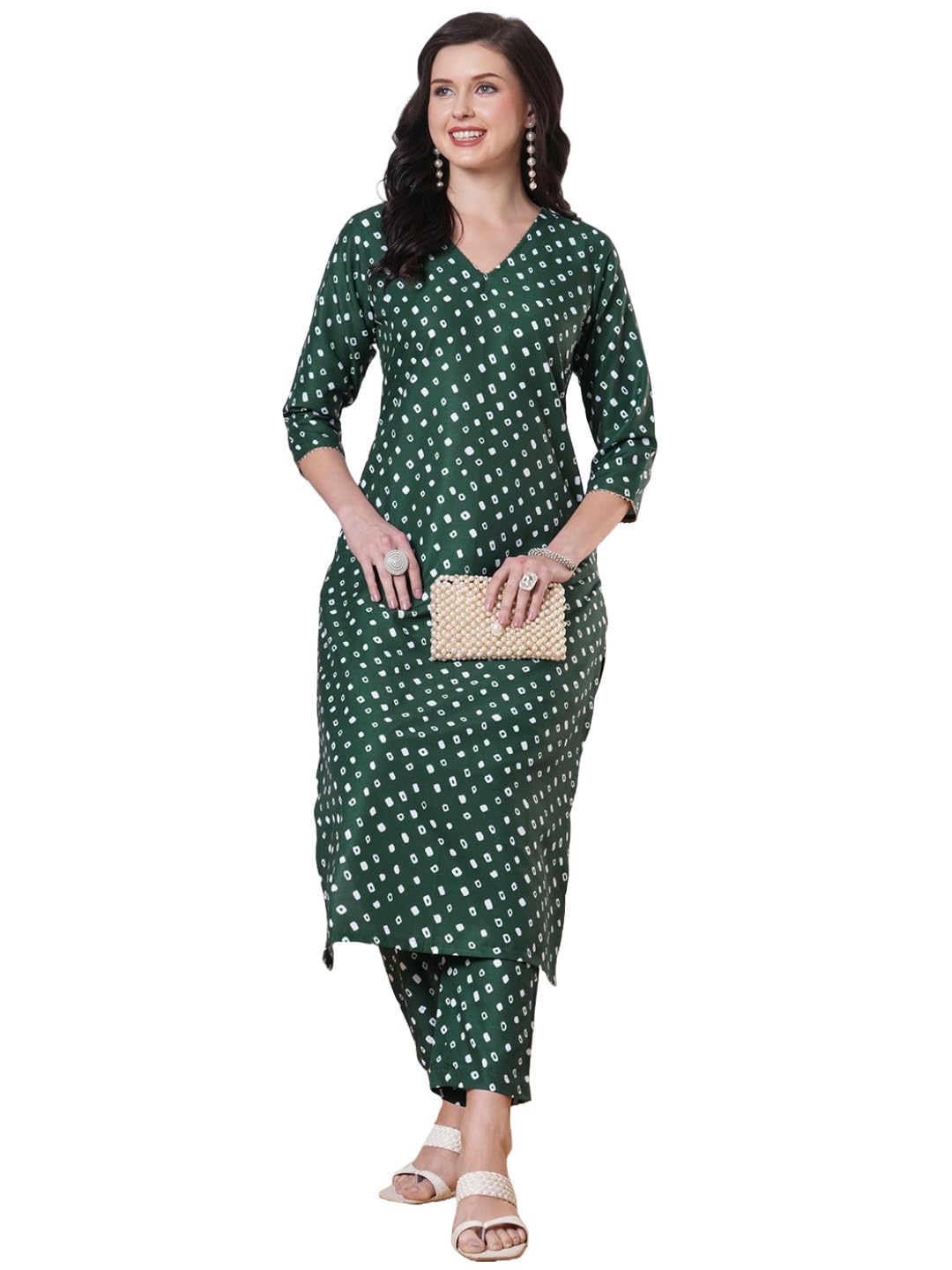 ANNI DESIGNER Women s Bandhani Print Straight Viscose Rayon Kurta with Pants, Green, Medium
