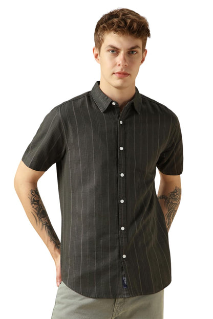 Dennis Lingo MenS Green Polycotton Spread Collar Short Sleeves Striped Shirts