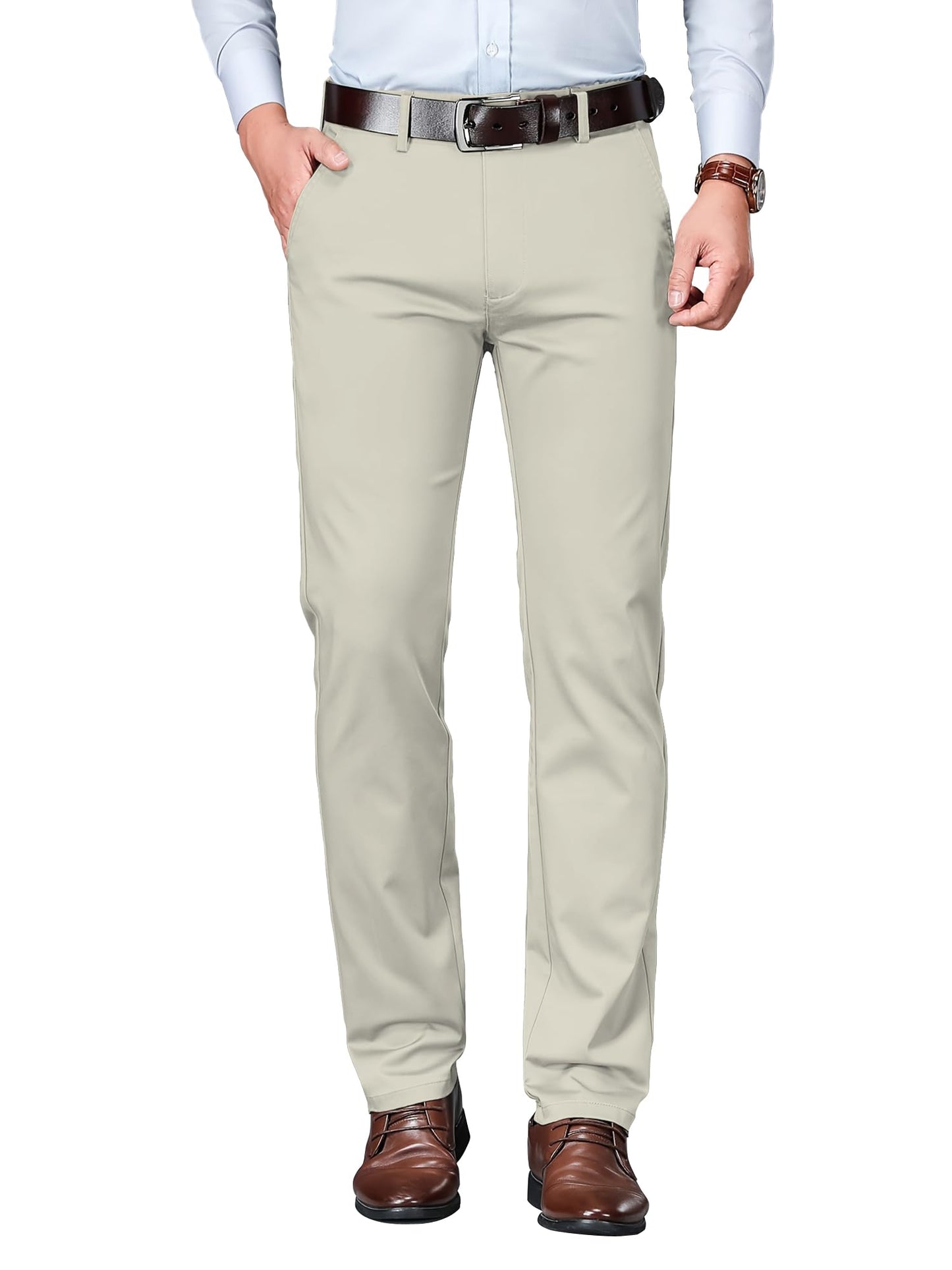 AVANOVA Mens Beige Solid Trousers Light Business Style Slightly Stretch Straight Leg Pants for Outdoor Casual Daily (Trouser 12