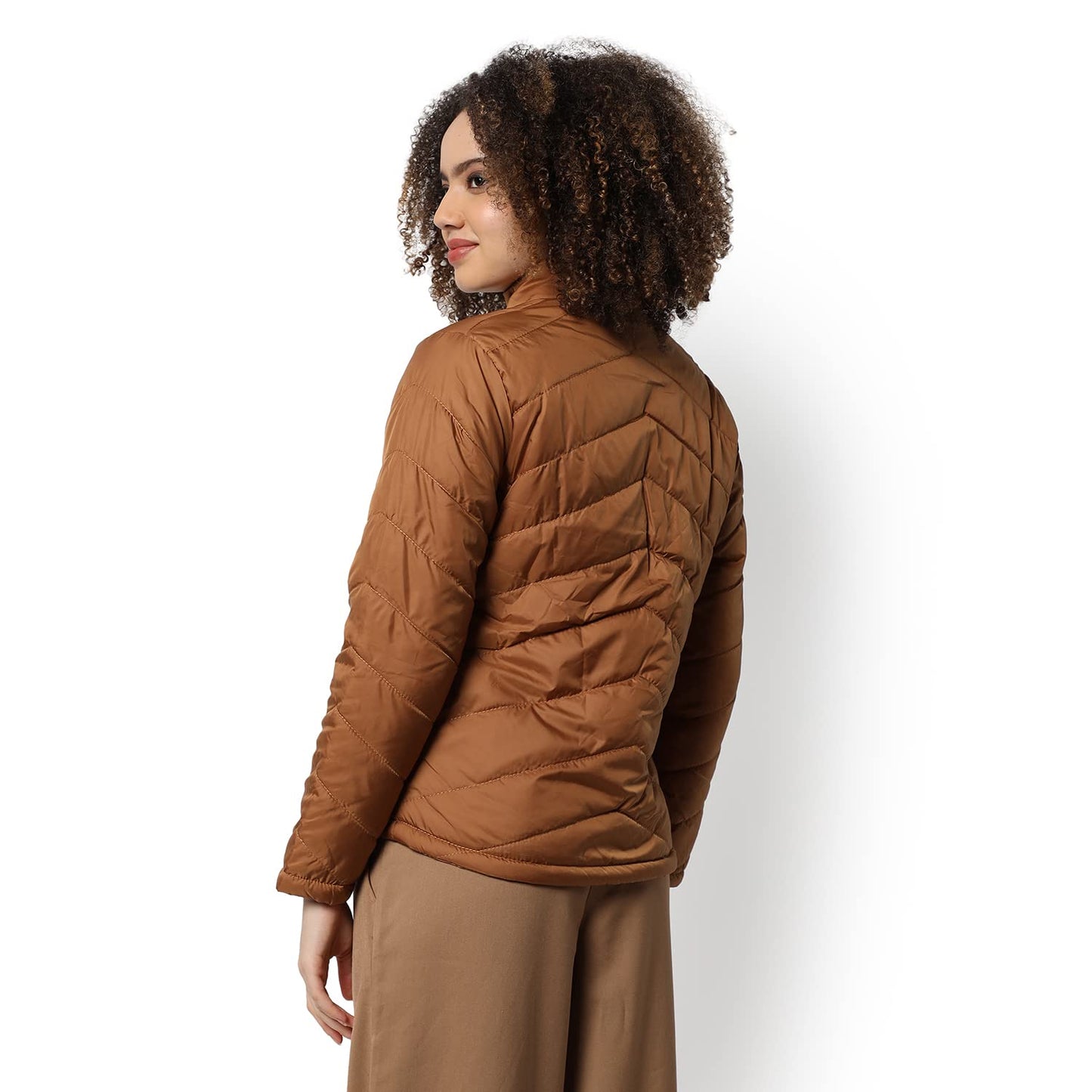Campus Sutra Women Brown Puffer Regular Fit Bomber Jacket For Winter Wear | Standing Collar | Full Sleeve | Zipper | Casual Jack