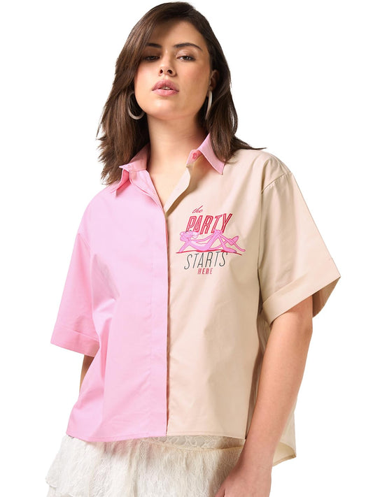Bewakoof Pink Panther WomenS Graphic Print Oversized Fit Half Sleeve Collar Cotton-Poplin Shirt_683826_Pink_2Xl