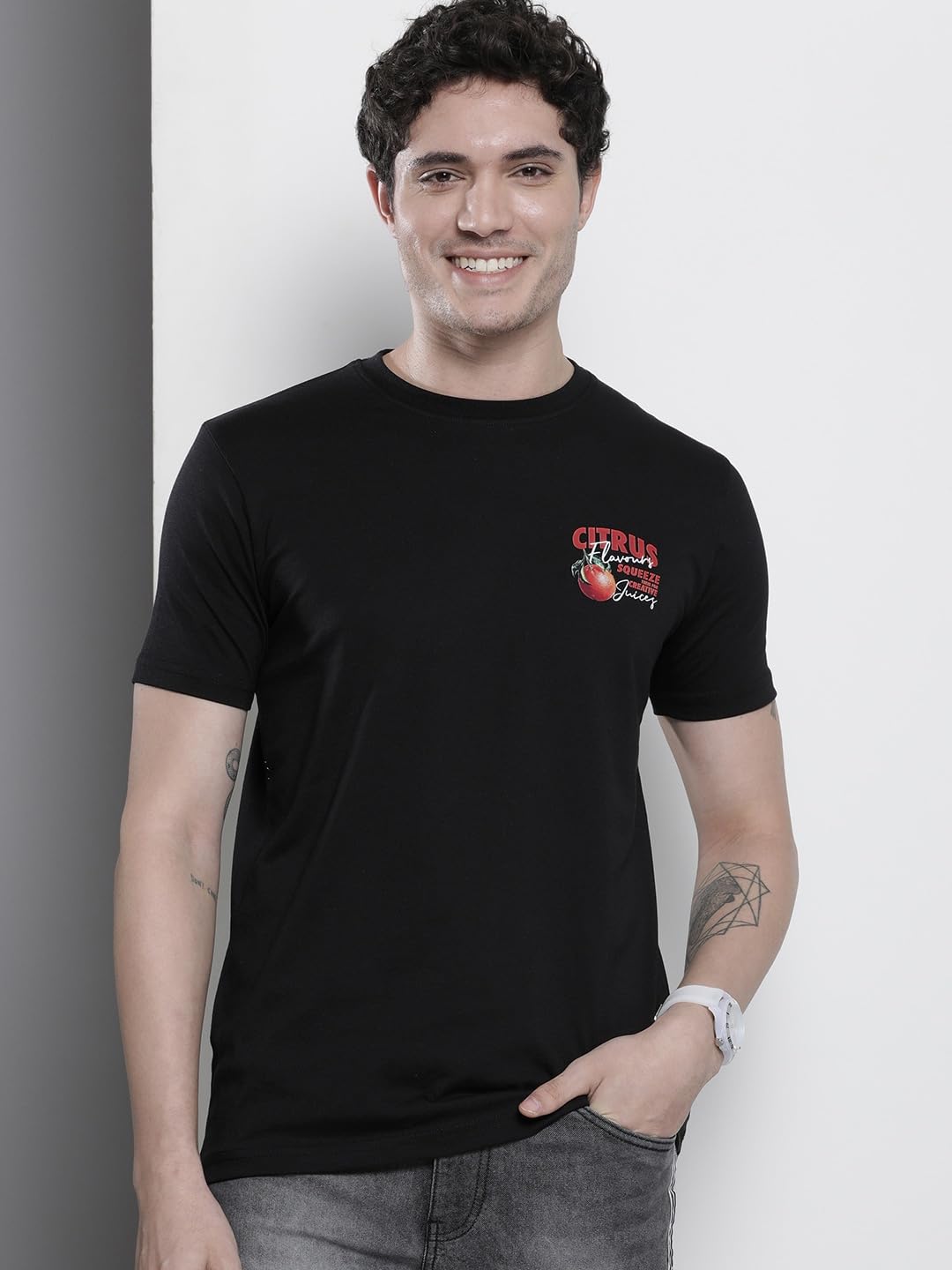 The Indian Garage Co Men Slim Fit Graphic Back Printed Round Neck Tshirt Black