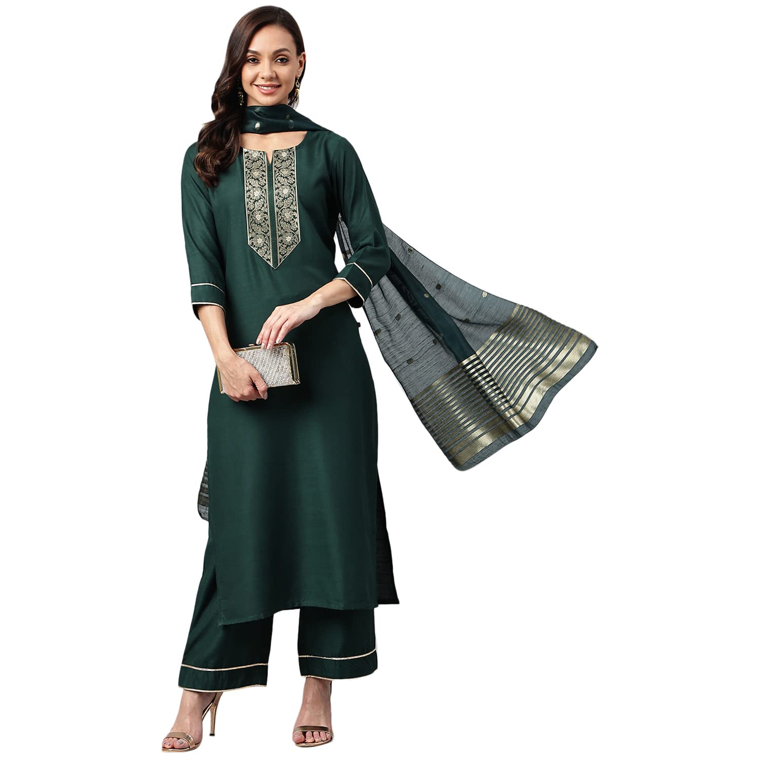GoSriKi Women's Cotton Blend Straight Solid Kurta with Palazzo & Dupatta (Vtm-GO)