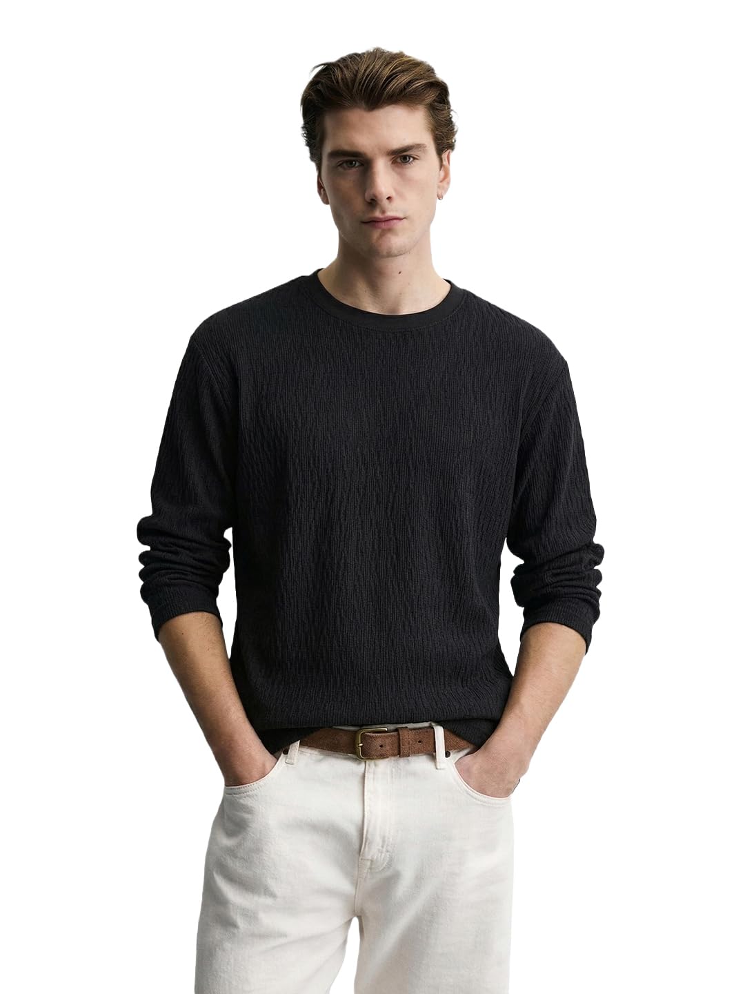 The Indian Garage Co Mens Relaxed Fit Textured Full Sleeves Crew Neck Sweater