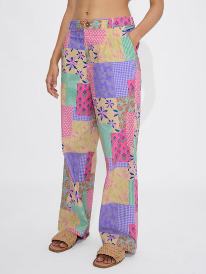 The Souled Store Pink Love All Over Printed Women and Girls Buttoned Cotton Straight Fit Comfortable Trendy Wide Leg Pants