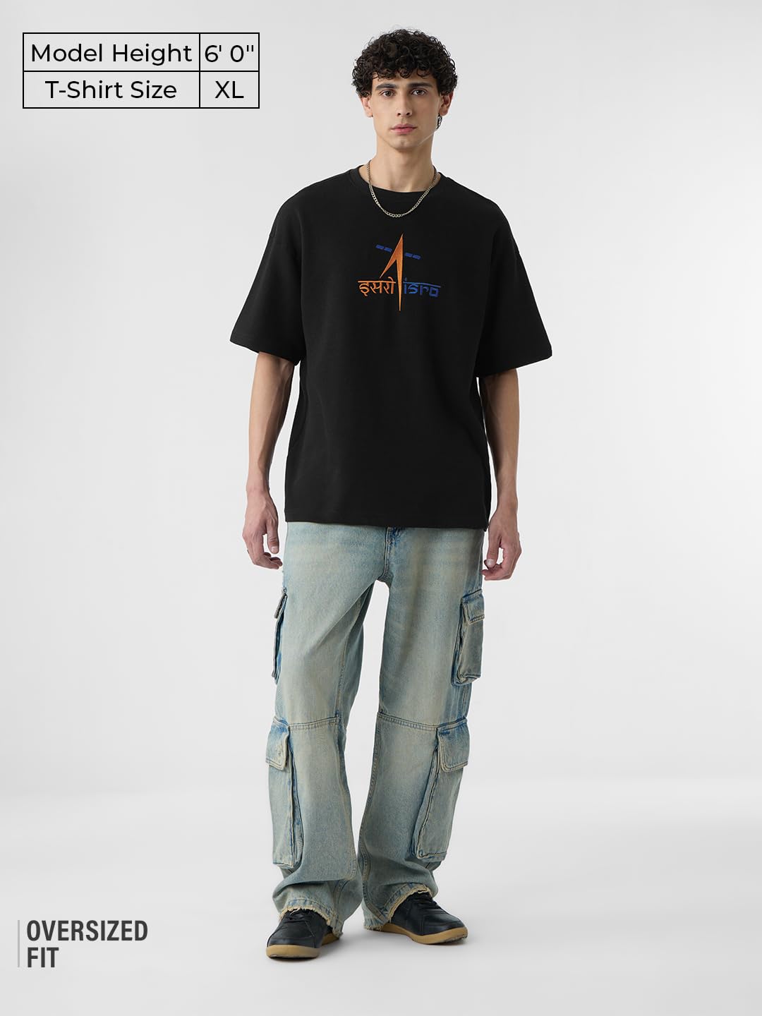 The Souled Store ISRO: Space Explorer Men and Boys Short Sleeves Round Neck Black Embroidered Cotton Oversized T-Shirts