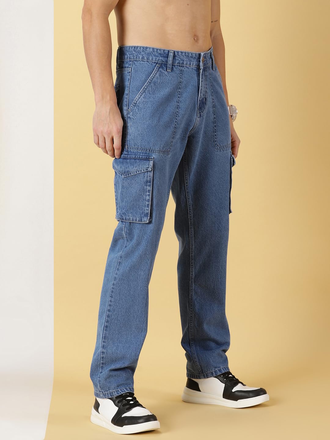Thomas Scott Men Comfort Relaxed Fit Clean Look Light Fade Pure Cotton Cargo Jeans