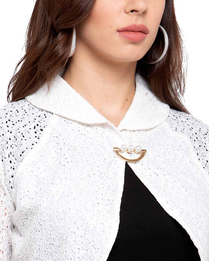 Style Quotient Women Self Design Cotton lace Smart Casual Crop Shrug White