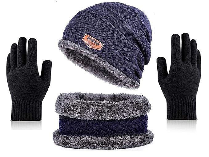 Digital Shopee Winter Knit Beanie Set Of Cap Hat Neck Warmer Scarf And Woolen Gloves Set Skull Cap For Men/Women - (Black, 3 Pie