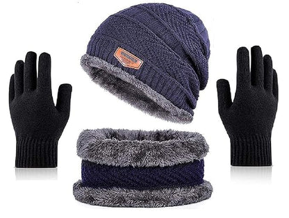 Digital Shopee Winter Knit Beanie Set Of Cap Hat Neck Warmer Scarf And Woolen Gloves Set Skull Cap For Men/Women - (Black, 3 Pie