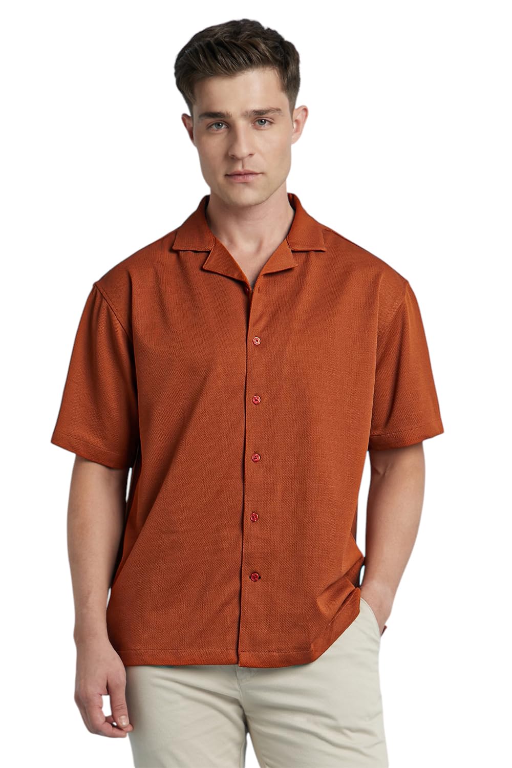 Dennis Lingo Men Polyester Relaxed Fit Textured Shirts Rust