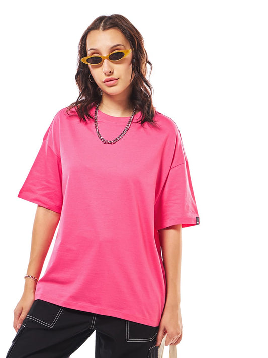 Bewakoof Womens Cotton Solid Oversized T-Shirt_604895_Pink_XL