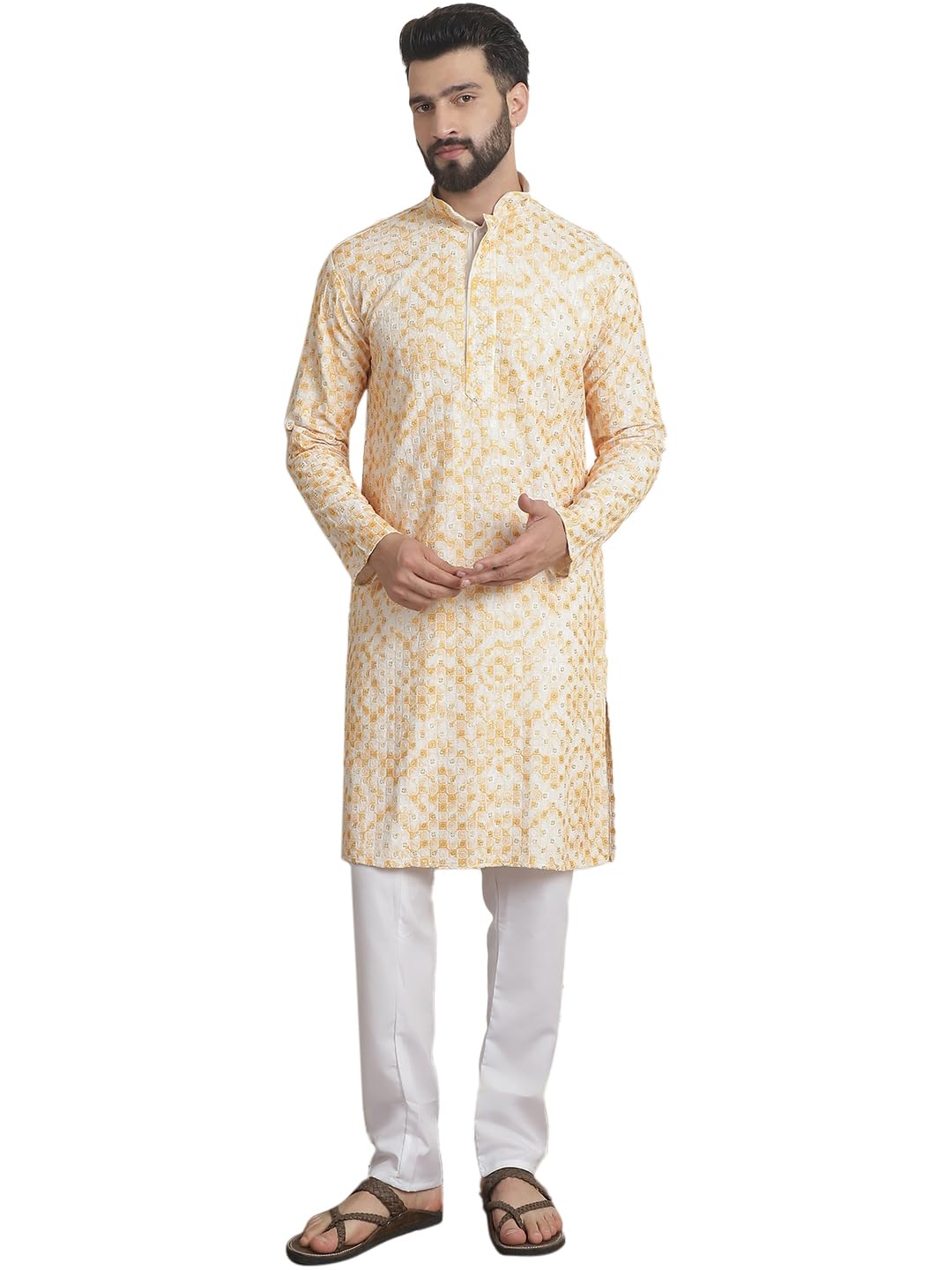 SOJANYA (Since 1958 Men's Cotton Gold Sequinned Embroidered Cream & Mustard Kurta with churidaar Pyjama