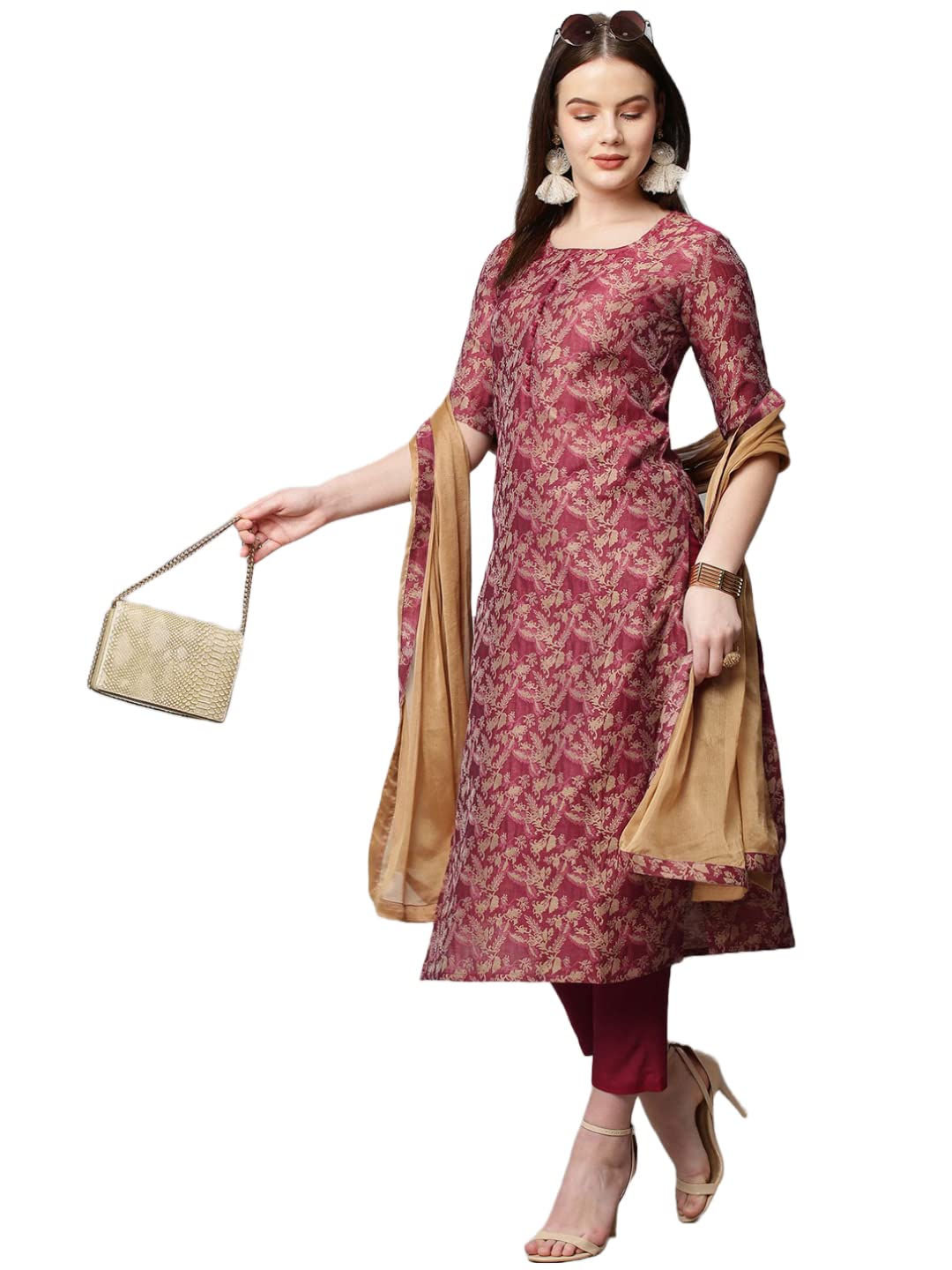 ANNI DESIGNER Womens Banarasi Silk Straight Printed Kurta with Pant & Dupatta (Banarsi-Red-Nw_XL_Red_X-Large)