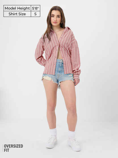 The Souled Store Cotton Linen Shirt: Cardinal Women and Girls Long Sleeves Collared Neck Button Front Cotton Linen Boyfriend Shi