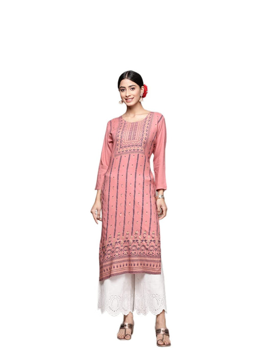 anubhutee Women's Viscose Rayon Peach Foil Print Ethnic Motifs Printed Straight Kurta