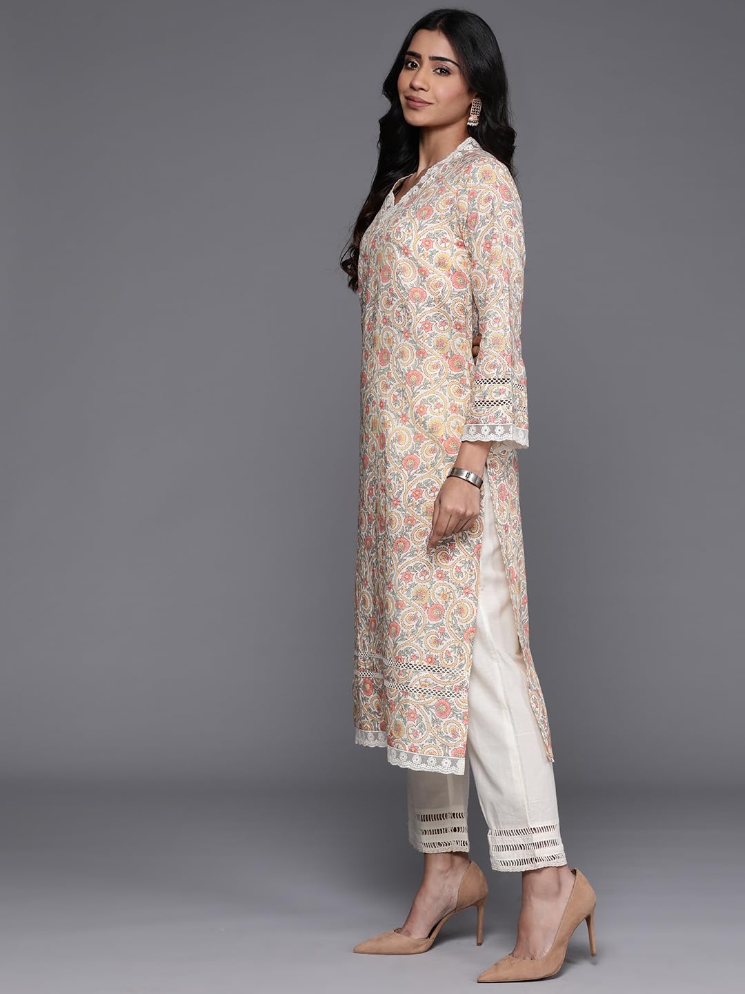 Varanga Women Off-White Floral Printed Straight Kurta  V Neck, Lace Detail, Long Flared Sleeves, Stylish & Elegant