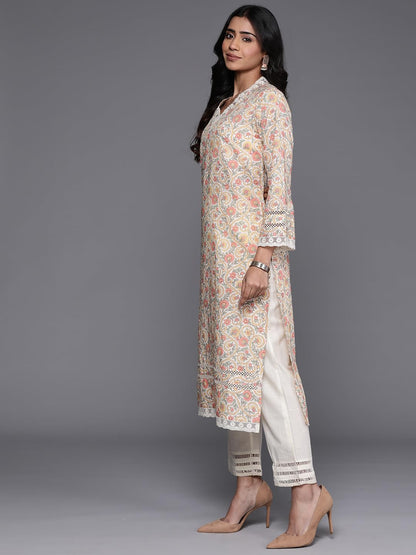 Varanga Women Off-White Floral Printed Straight Kurta  V Neck, Lace Detail, Long Flared Sleeves, Stylish & Elegant