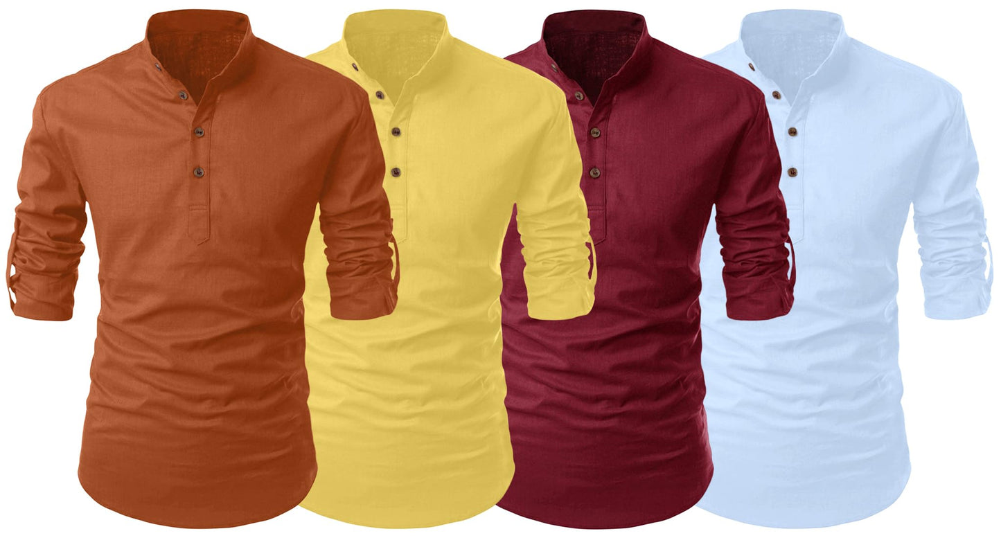 Zombom MenS Cotton Polyester Blend Solid Full Sleeve Regular Fit Kurta Shirt, Multicolor, M, Combo Set Of 4