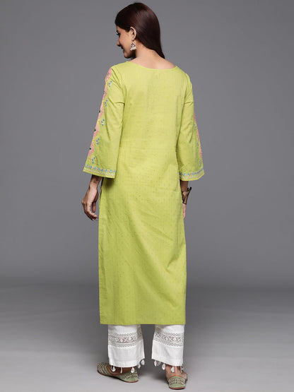 Varanga Women Lime Green Embellished Round Neck Straight Kurta, Thread & Sequins Work, Flared Sleeve, Side Slit, Stylish & Comfo