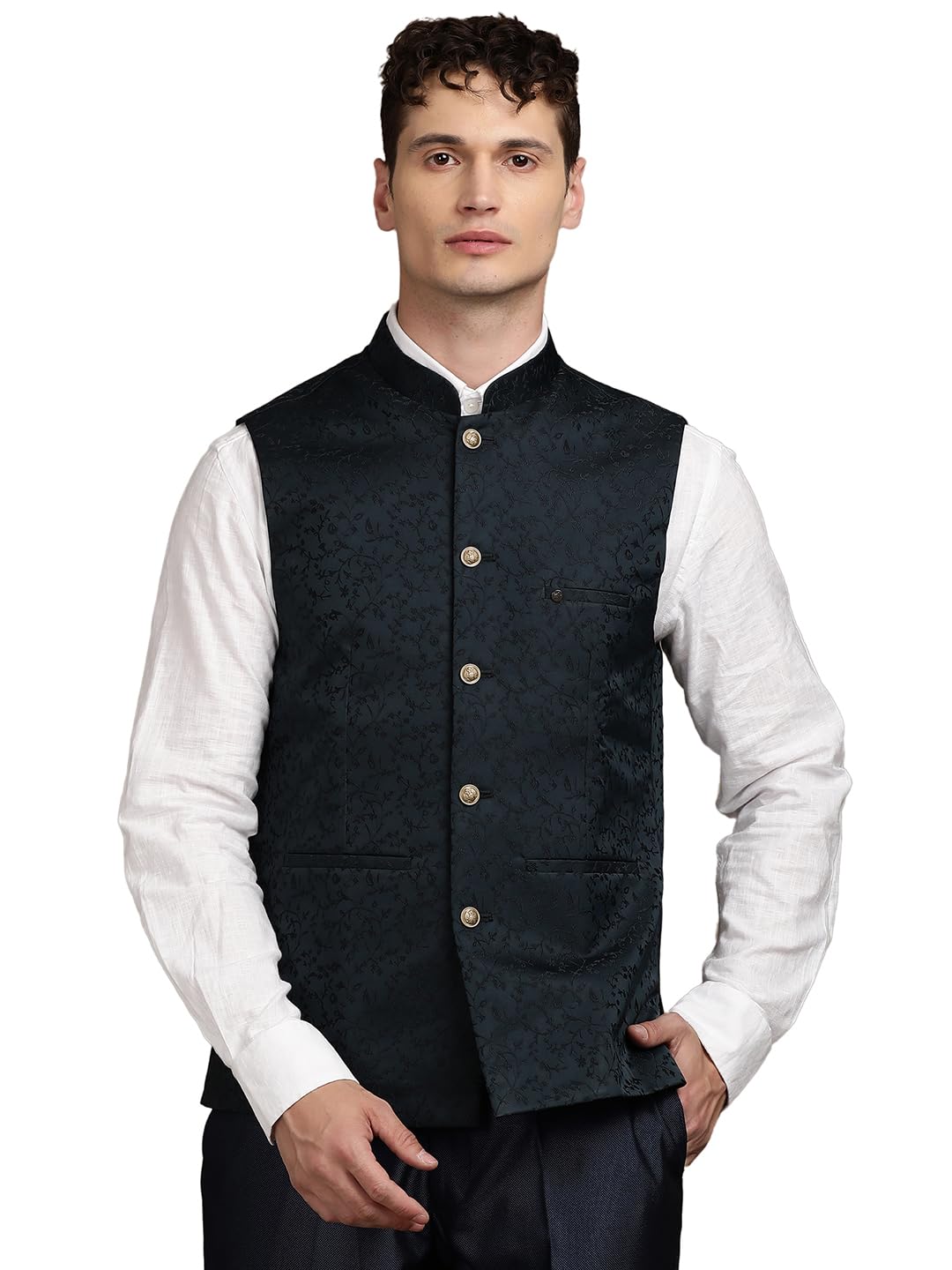 Turtle Men Dark Green Polyviscose Self Design Party Nehru Jacket