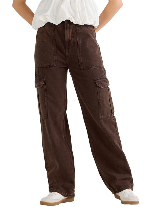 Bewakoof Womens Washed Straight Fit 100% Cotton Acid Wash Cargo Jeans_652460_Brown_26