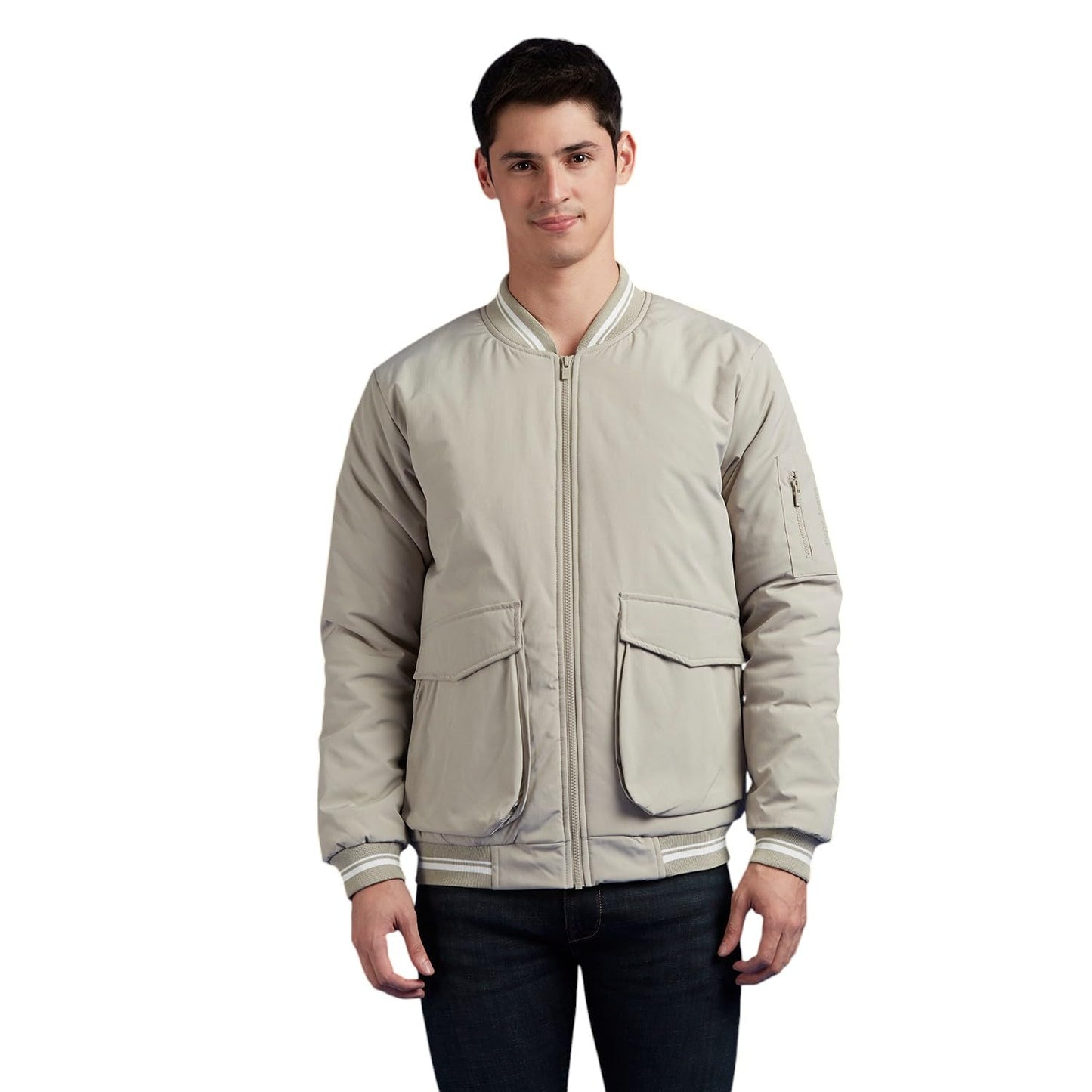 White Ribbed Neck Full Sleeve Jacket