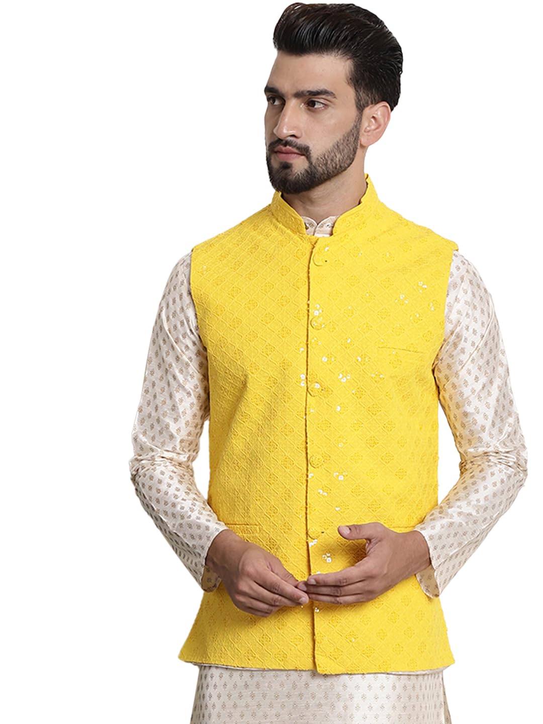 SOJANYA (Since 1958 Men's Pure Cotton, Sequence embroidered Yellow Nehru Jacket