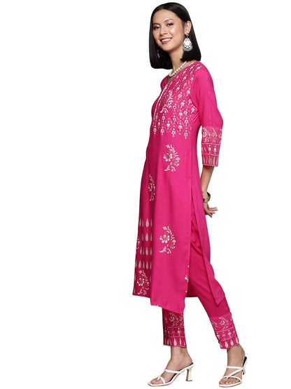 ZIYAA Women's Pink Rayon Straight Kurta And Pant Set(ZIKURY3918ANDPA)