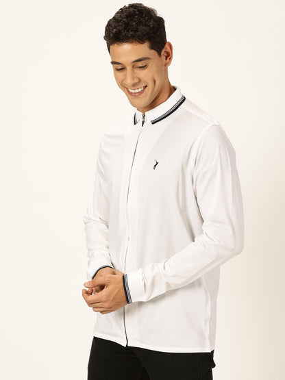 Thomas Scott Full Sleeve Spread Collar Solid Color Jacket with Ribbed On Sleeve for Men White