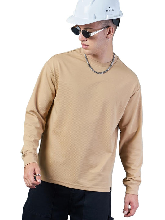 Bewakoof Heavy Duty 1.0 Mens Textured Oversized Fit Full Sleeve Round Neck Corduroy T-Shirt_617264_ Brown_ L