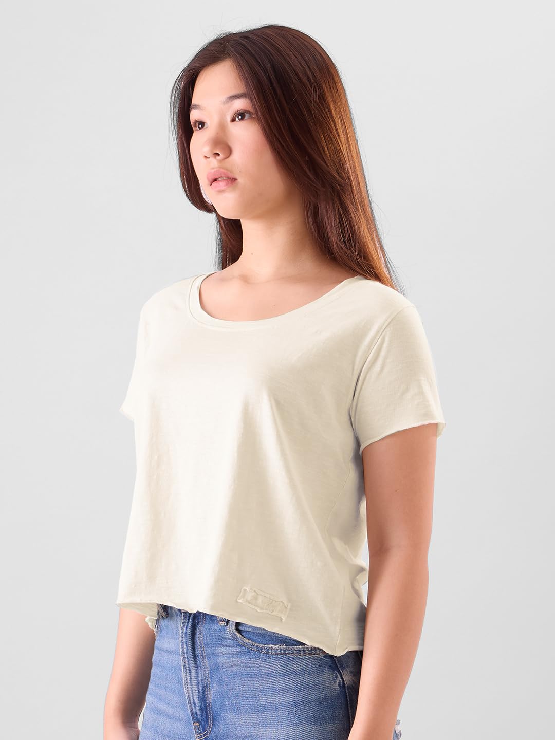 The Souled Store Slub T-Shirt: Off-White Women and Girls Short Sleeves Round Neck Cotton Relaxed Fit T-Shirts