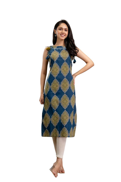 Stylum Womens Ethnic Printed Cotton Straight Kurta Blue
