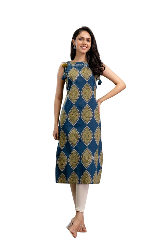 Stylum Womens Ethnic Printed Cotton Straight Kurta Blue