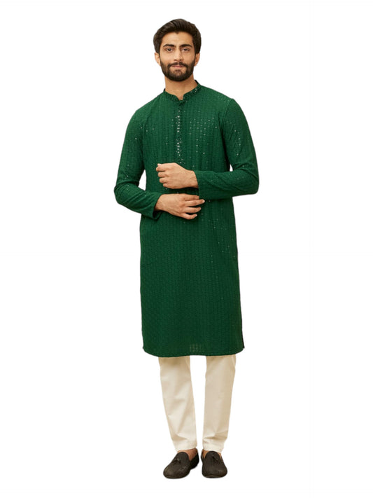 Manyavar Mens Green Viscose Embroidered Kurta Pyjama Set