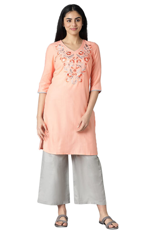 Aurelia Women Embroidered Cotton Blend Kurta Set with Palazzos