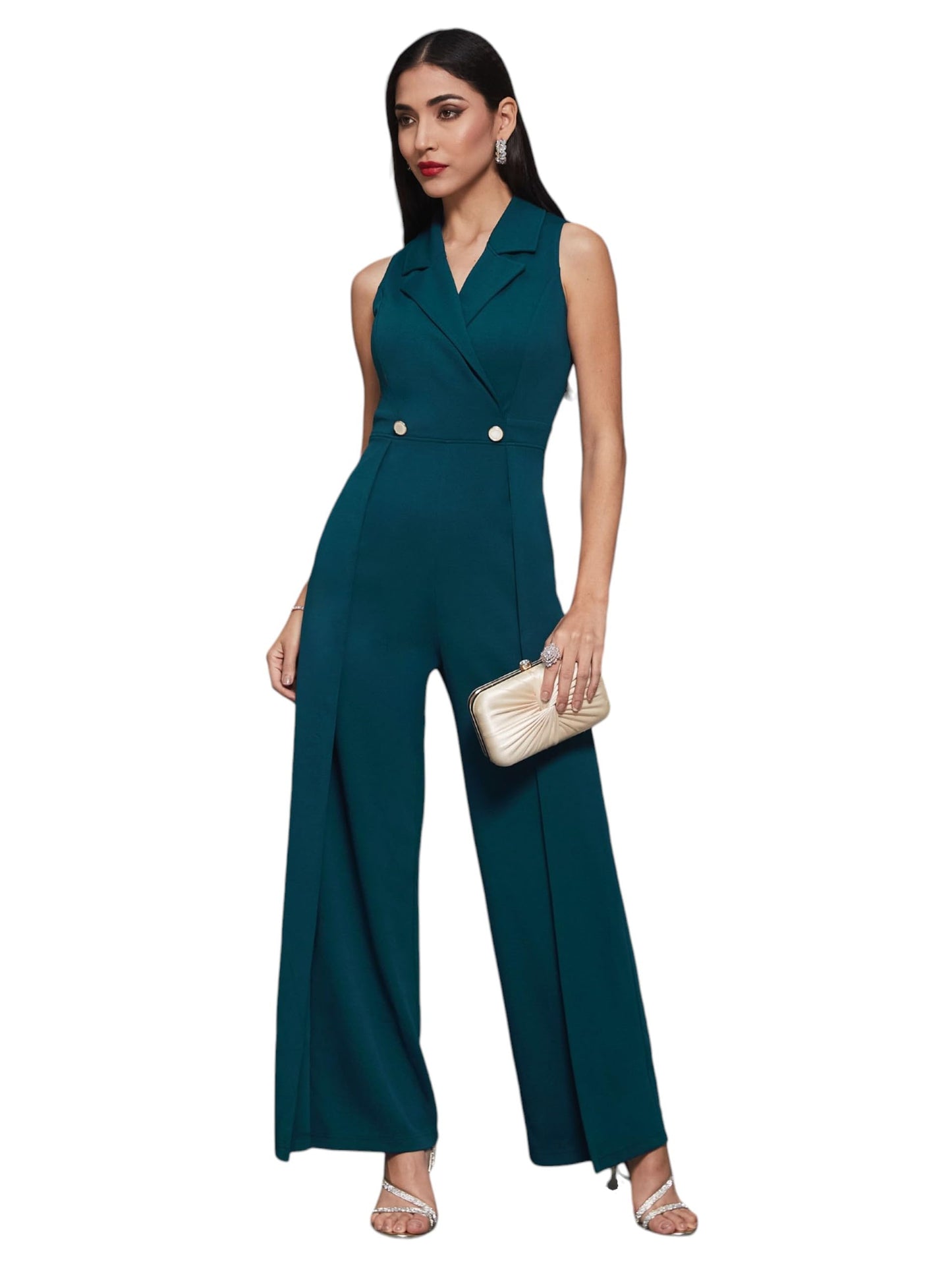 Miss Chase Womens Notched Collar Sleeveless Solid Wrap Regular Length Jumpsuit (MCAW24D19-67-83-06, Teal, XL)