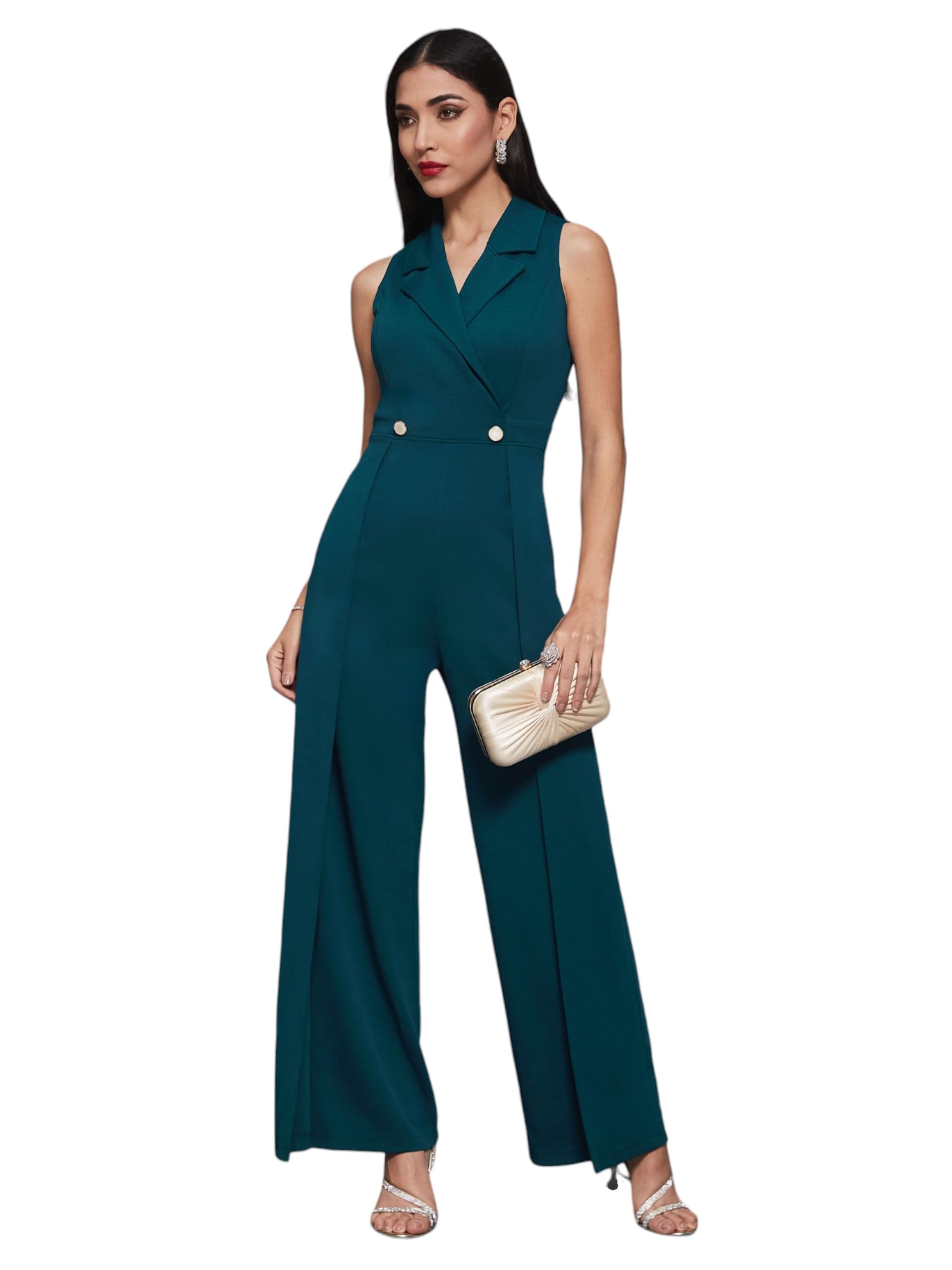 Miss Chase Womens Notched Collar Sleeveless Wrap Regular-Length Jumpsuit (MCSS25D93-84-487-06, Peacock Teal, XL)