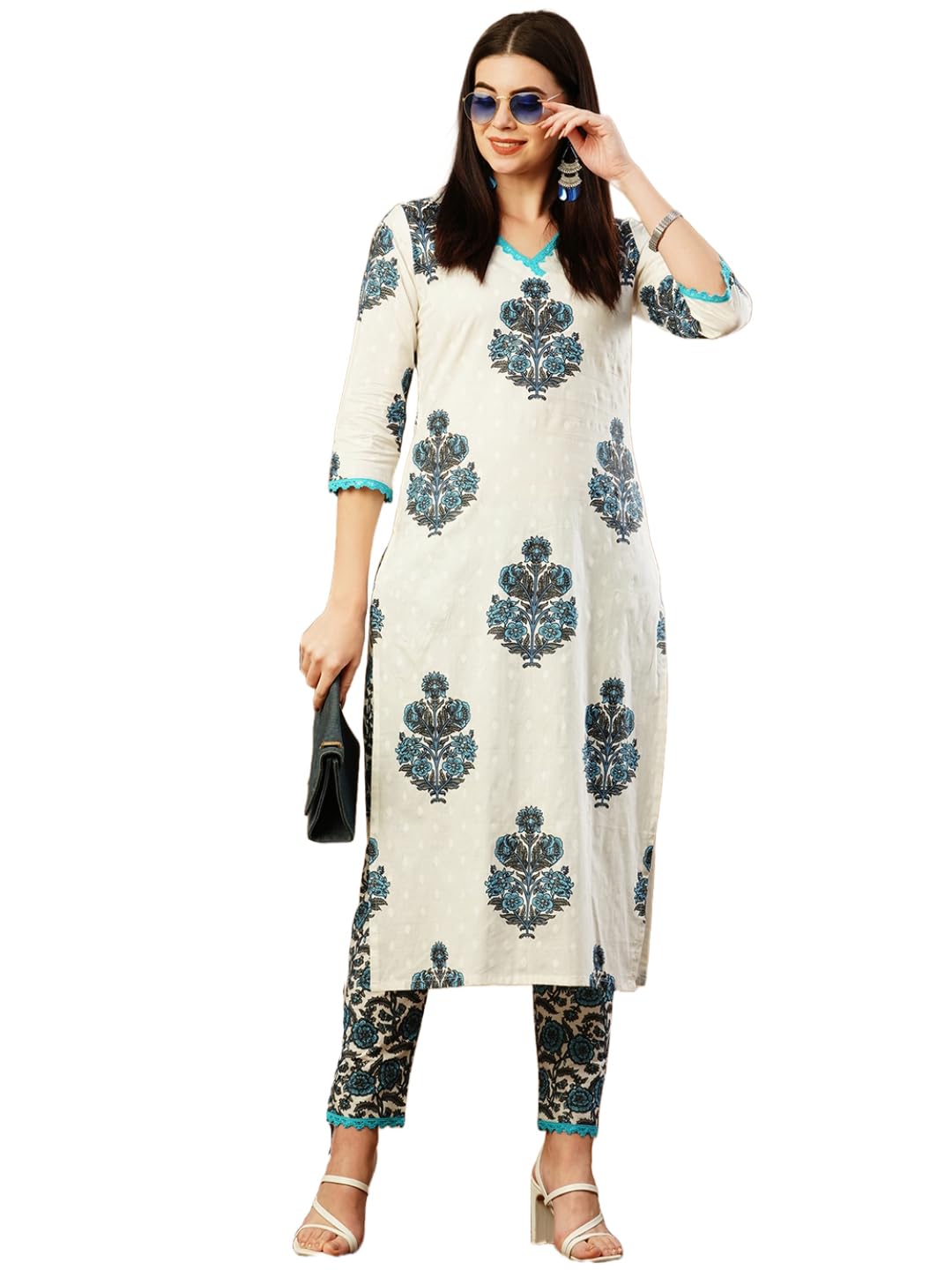 ANNI DESIGNER Womens Cotton Blend Straight Printed Kurta & Pant (Cheer White_S_White_Small)