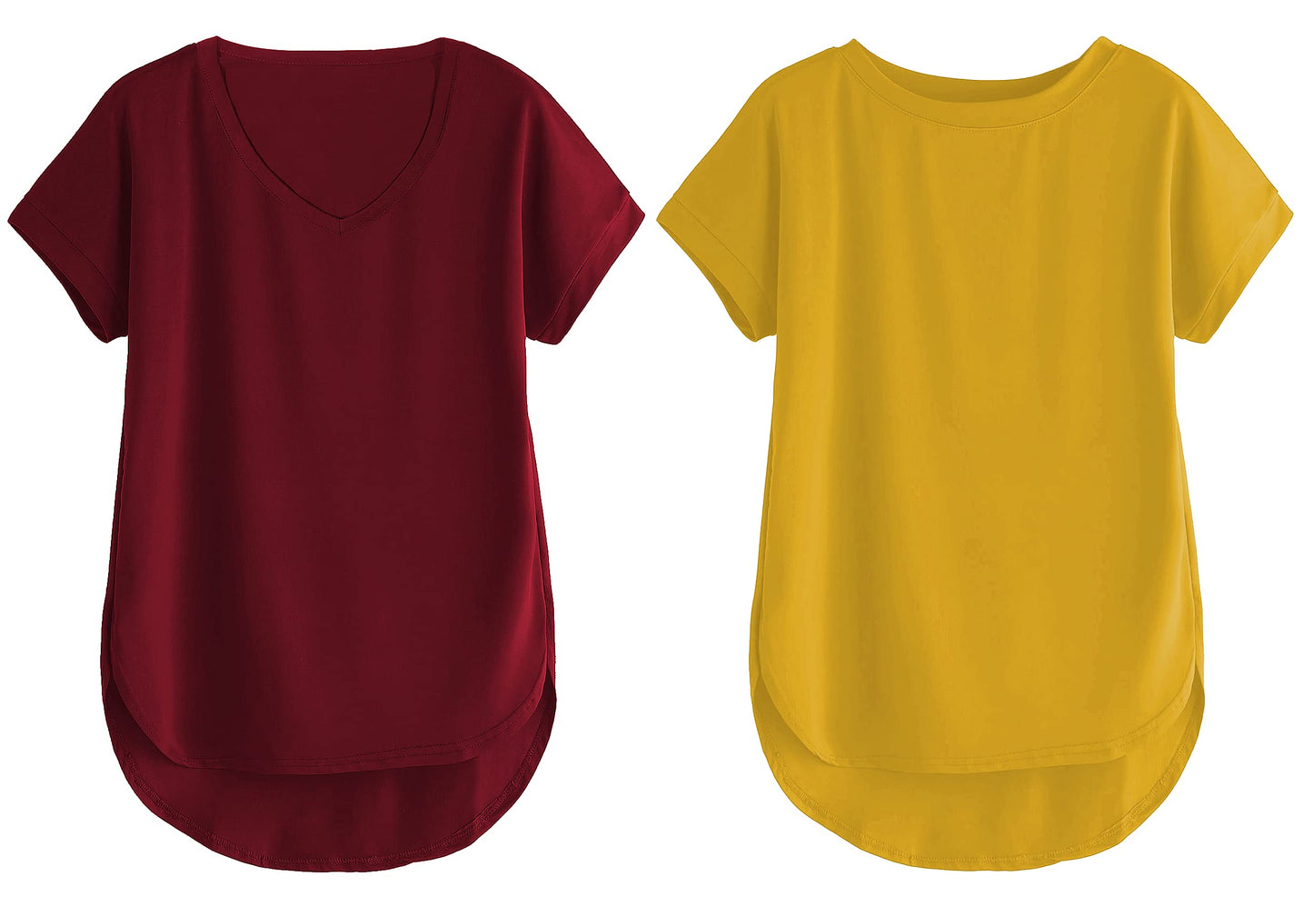 Fabricorn Combo Of Plain Maroon V-Neck And Mustard Yellow Round Neck Up And Down Cotton Tshirt For Women (Maroon And Mustard Yel