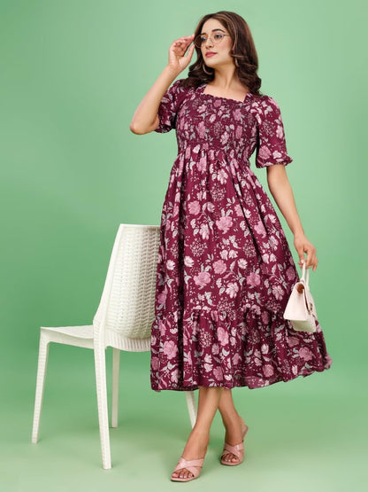 Kuduzo WomenS Crepe Midi Dress With Half Puff Sleeves Square Neck Line Floral Pattern Calf Length Regular Fit And Flare Purple