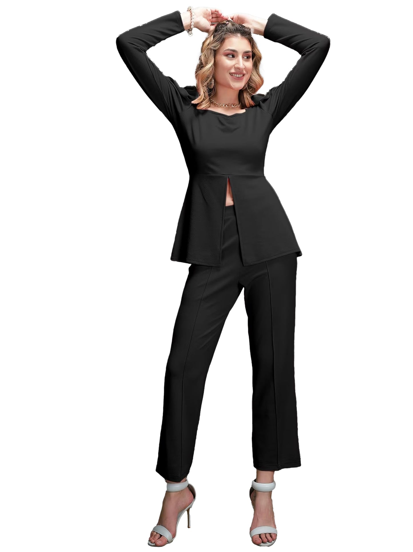 Elliti Solid Relaxed Fit Full Sleeve Co-Ord Set For Women'S | Coord Sets | Top And Formal Trouser Co Ord Set For Women (Set Of 2