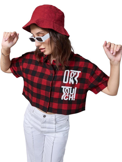 Bewakoof Official Disney Merchandise Womens Checked Oversized Fit Half Sleeve Collared Neck Cotton Blend Crop Shirt_617276_Red_
