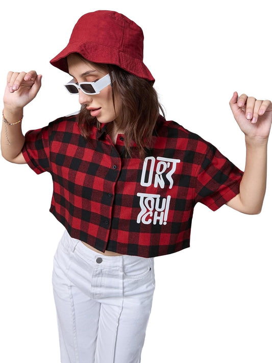 Bewakoof Official Disney Merchandise WomenS Checked Oversized Fit Half Sleeve Collared Neck Cotton Blend Crop Shirt_617276_Red_X