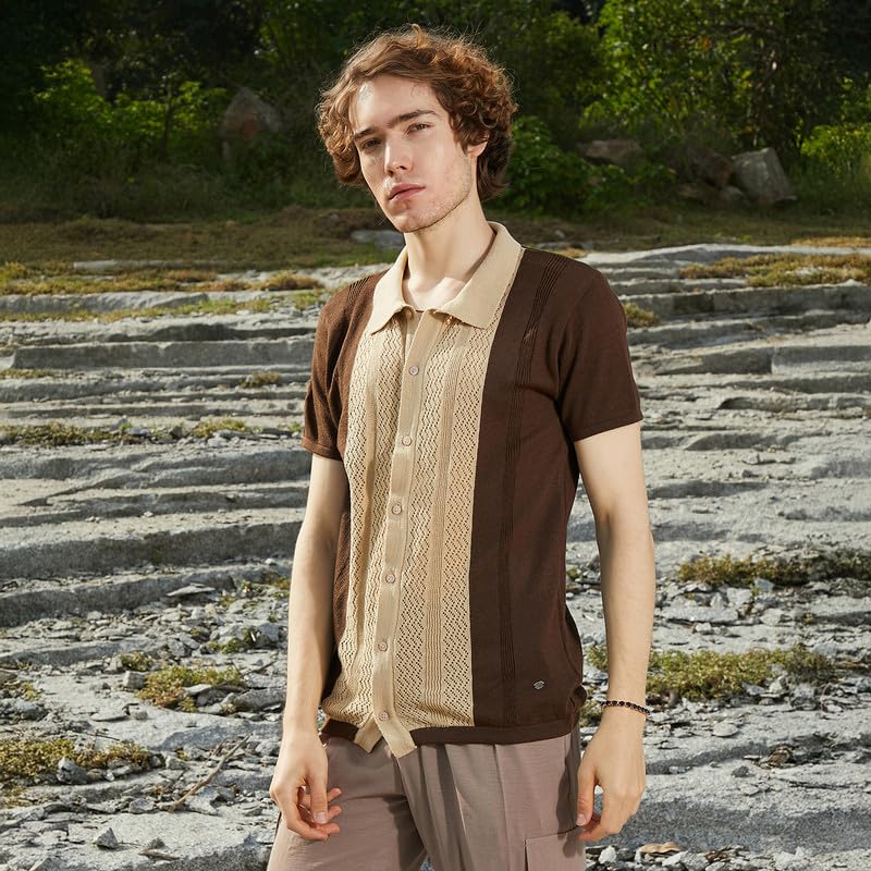 Campus Sutra Mens Buff Beige & Taupe Brown Block-Knit Slim-Fit Shirt for Casual Wear | Polo Neck | Short Regular Sleeves | Butt