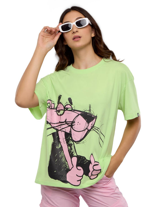 The Souled Store Official Pink Panther: Thumbs Up Women and Girls Oversized fit Graphic Half Sleeve Cotton Green Color Women Ove