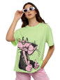 The Souled Store Official Pink Panther: Thumbs Up Women and Girls Oversized fit Graphic Half Sleeve Cotton Green Color Women Ove